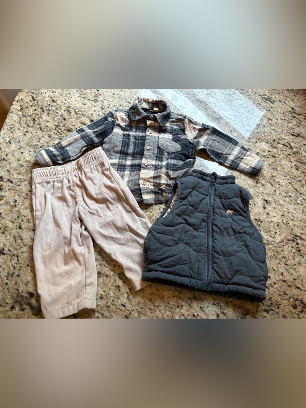 BearPaw Baby Boy Vest, Pants, and Flannel Set- 12 Months